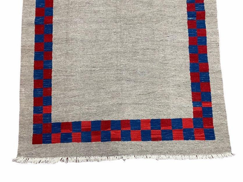 5' 7" x 7' 9" Geometric Kilim Carpet, Gray, Handmade, Hand-Knotted Area Rug, Blue & Red, Flatweave, Wool, New, Checkerboard Pattern