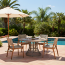 5-Piece Outdoor Dining Set: Brown Round Acacia Wood Table & 4 Brown Wicker Armchairs