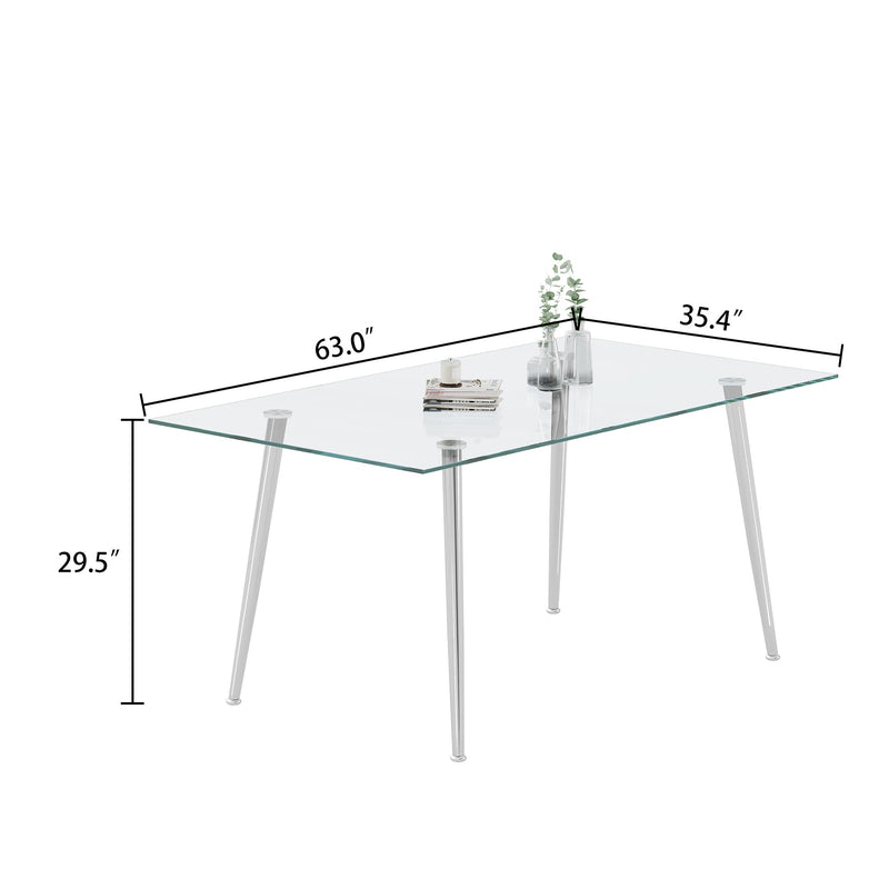 0.32" Thick Tempered Glass Top Dining Table with Silver Stainless Steel Legs