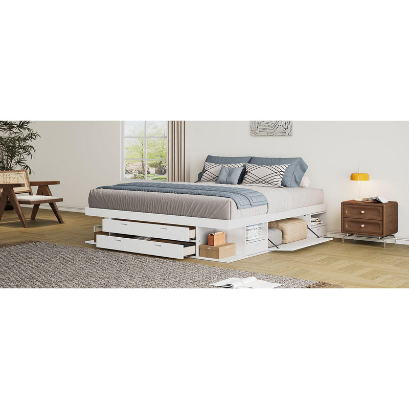 Storage Platform Bed Frame with Multiple Drawers and Shelves No Box Spring Needed, Queen Size,White