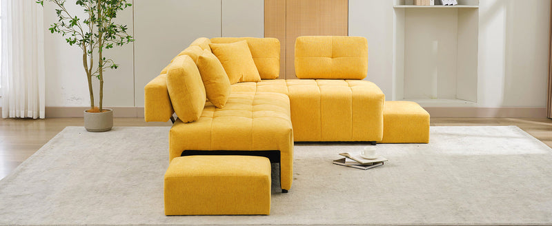 91.73" L-shaped Sofa Sectional Sofa Couch with 2 Stools and 2 Lumbar Pillows for Living Room, Yellow