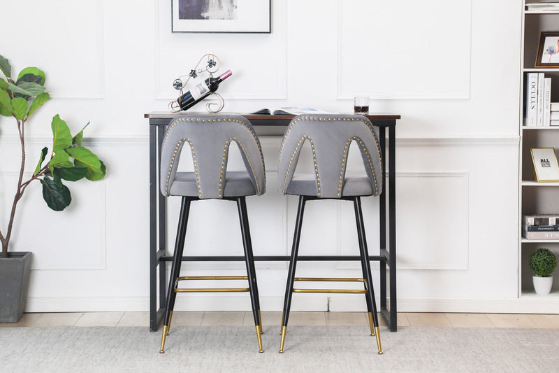Akoya Collection Modern Contemporary Velvet Upholstered Connor 28" Bar Stool & Counter Stools with Nailheads and Gold Tipped Black Metal Legs, Set of 2 (Gray)