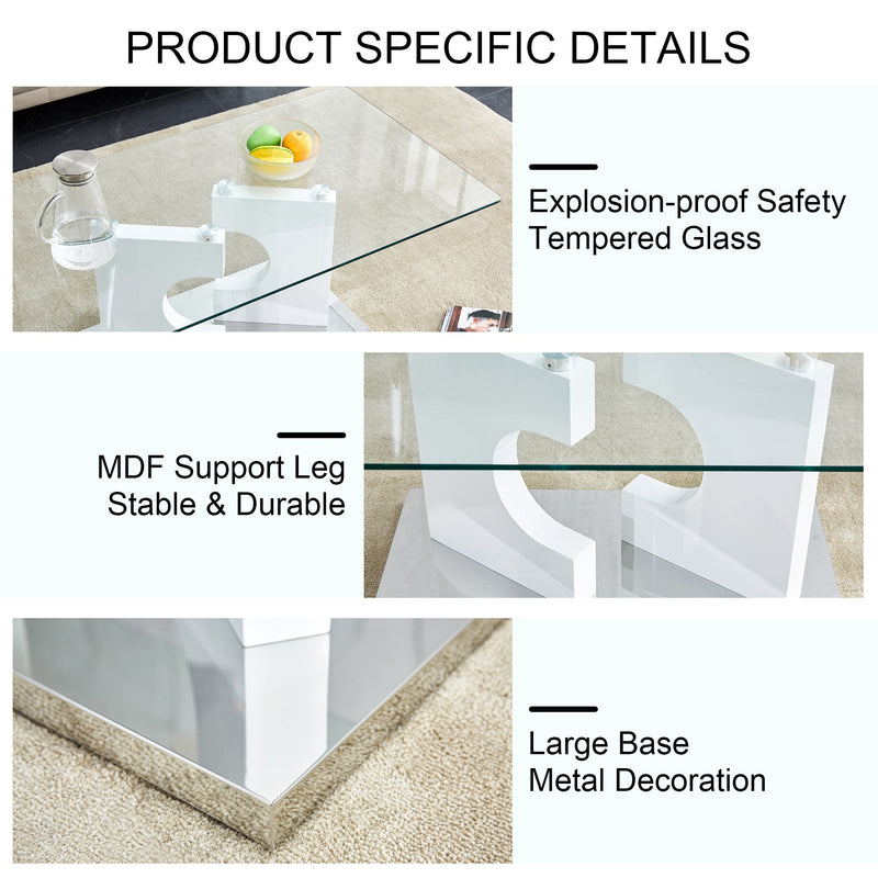 A rectangular modern and fashionable coffee table with tempered glass tabletop and white MDF legs. Suitable for living room.47.2"x25.5"x18"