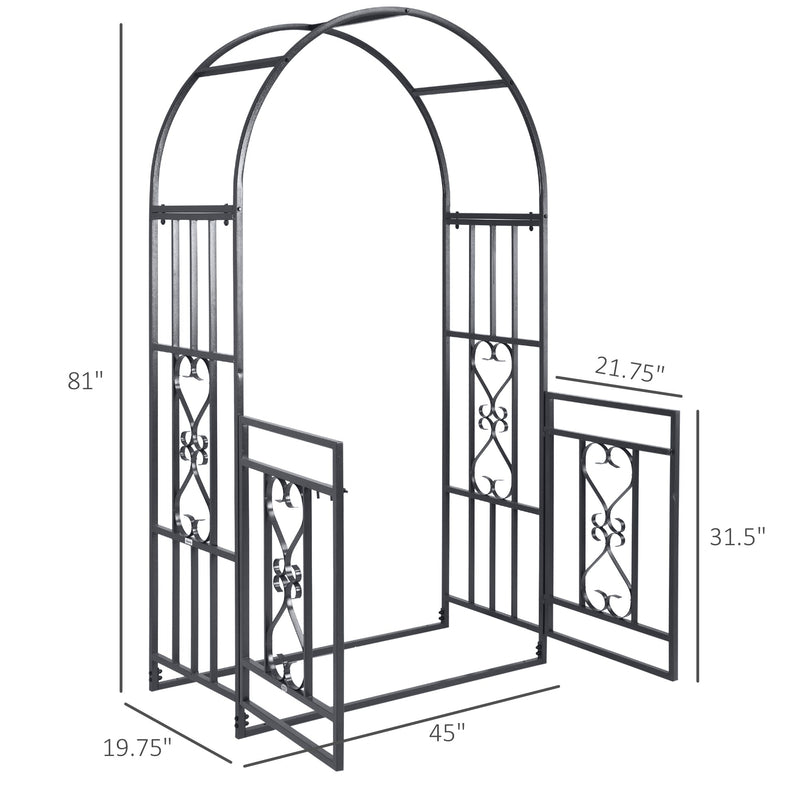 81" Metal Garden Arbor with Double Doors, Locking Gate, Climbing Vine Frame with Heart Motifs, Arch for Wedding, Bridal Party Decoration, Grey