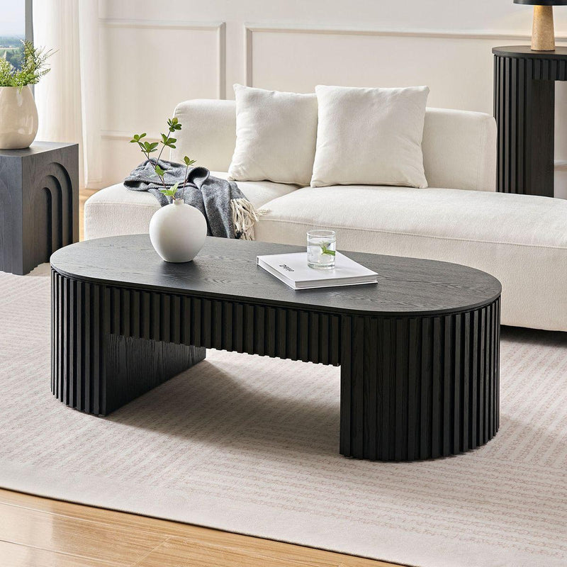 51.18'' Oval Wood Coffee Table With Drawer  Mid Century Modern Coffee Table Unique Coffee Table for Living Room Furniture, Tea Table BLACK