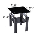 2-Piece Tempered Black Glass Sofa Table, Black Noghtstand with Metal Leg for Living Room