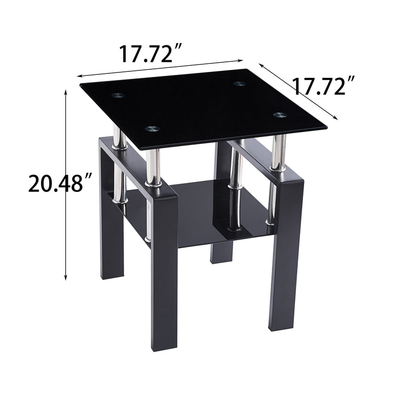2-Piece Tempered Black Glass Sofa Table, Black Noghtstand with Metal Leg for Living Room