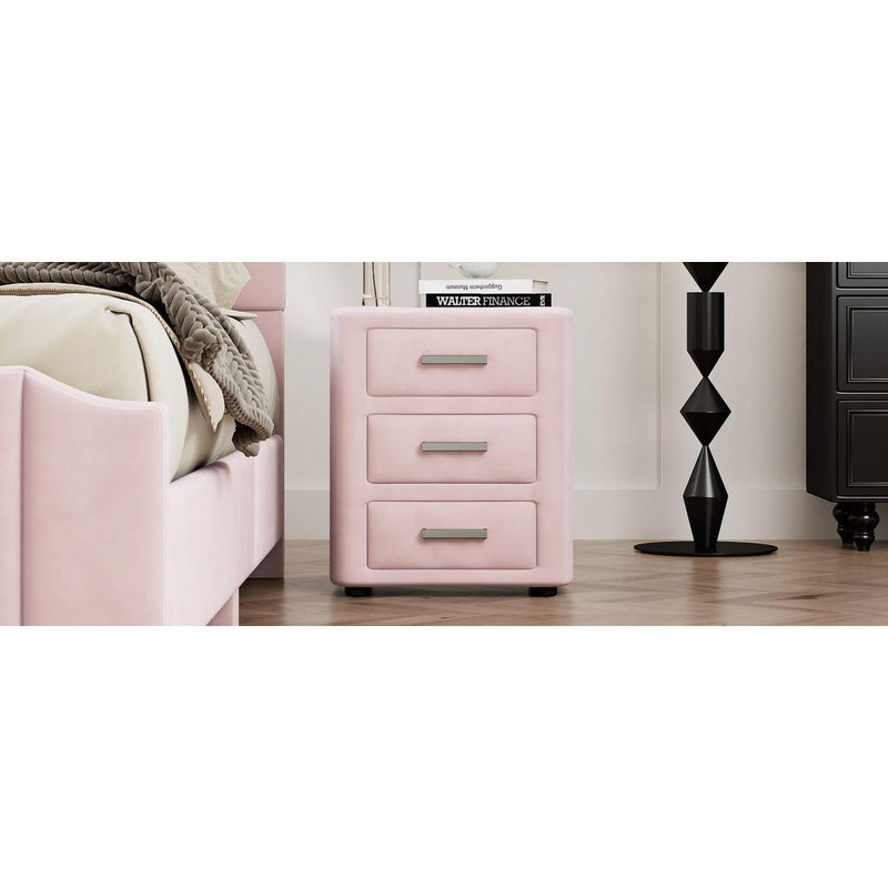 3 Pieces Bedroom Sets Full Size Velvet Upholstered Platform Bed Vertical Channel Tufted Headboard and Two Three-drawer Nightstands,Pink