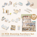 Wooden Dollhouse Kids DIY Pretend Playhouse with 33 PCS Furniture Accessories-Green