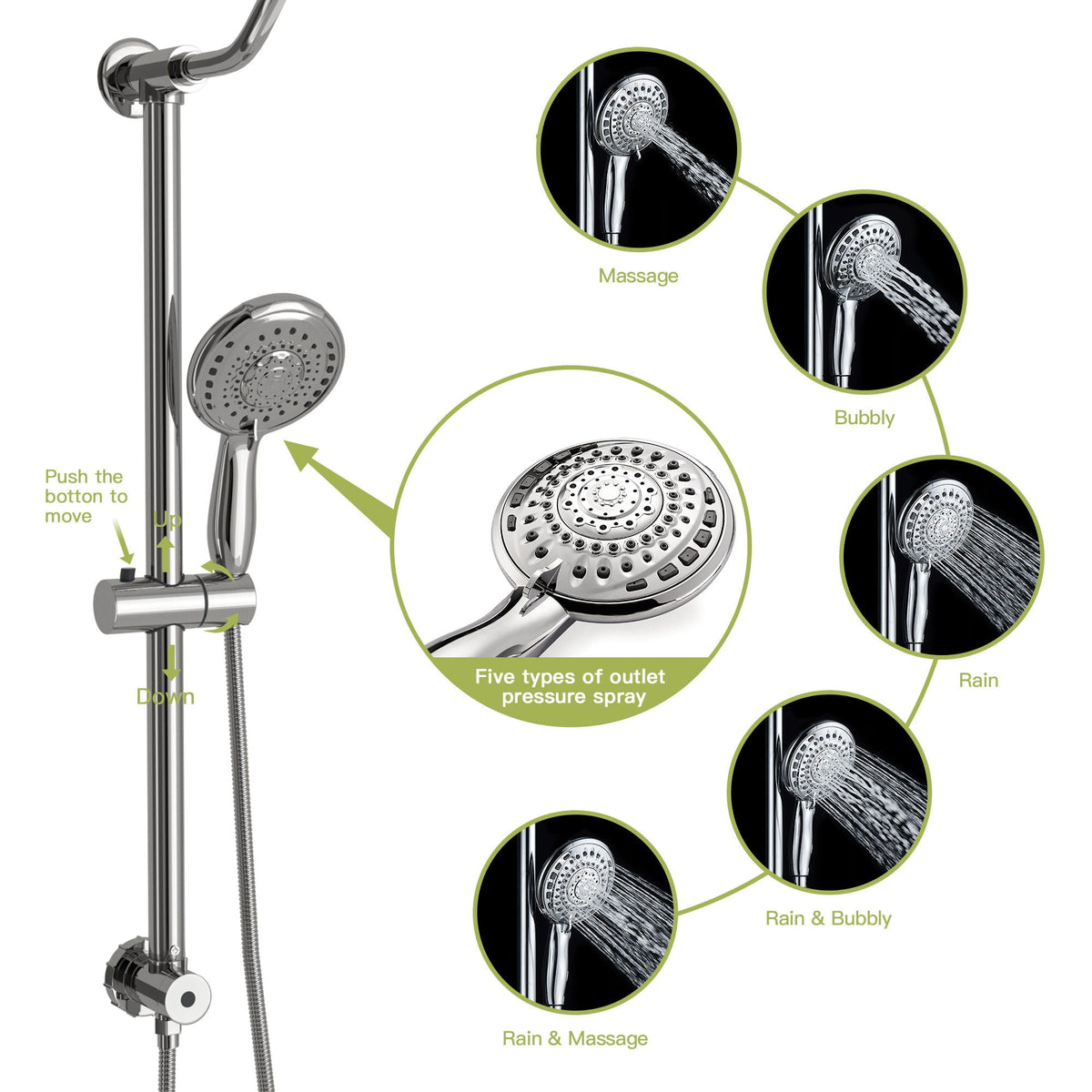 Shower System With 5 Function Rain Hand Shower And Slide Bar Combo, photo 14 of 25