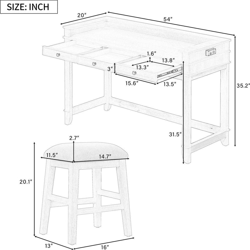 TREXM 4-Piece Dining Table Set for 3, Retro Kitchen Table and Chairs Set with 3 Storage Drawers, Ideal for Small Spaces (Gray)