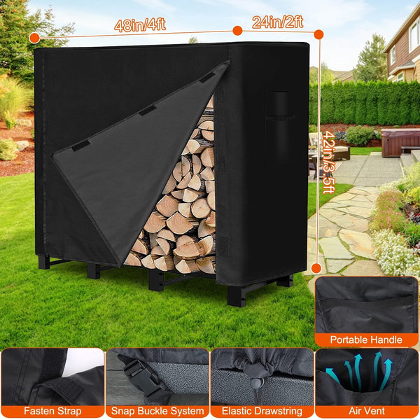 4FT Firewood Log Rack Cover Rectangular Wood Rack Cover 420D Oxford Fabric Waterproof Windproof UV Resistant Tear-resistant 48x24x42in Black, photo 2 of 8