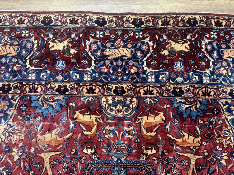 Antique Indo Persian Kerman Rug 9x12 Red Manchester Wool Animal Pictorials, Fine 290 KPSI