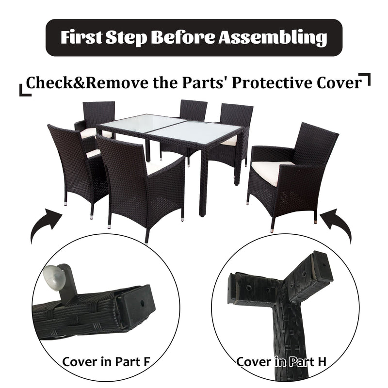 7-piece Outdoor Wicker Dining set - Dining table set for 7 - Patio Rattan Furniture Set with Beige Cushion (Black)