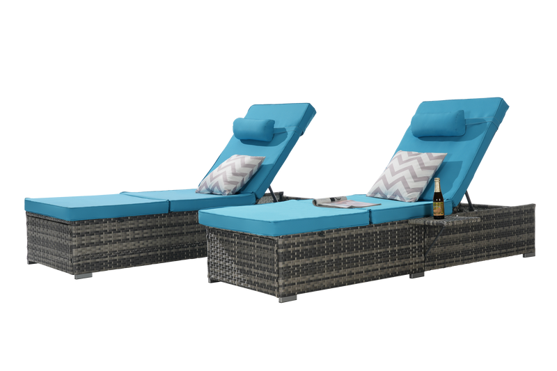 Outdoor Chaise Lounge Chair Set of 2 with Storage Patio Pool Chairs Tanning Lounges for Outside,Beach Rattan Recliners with Adjustable Backrest, Table, Cushion for Poolside Backyard Garden