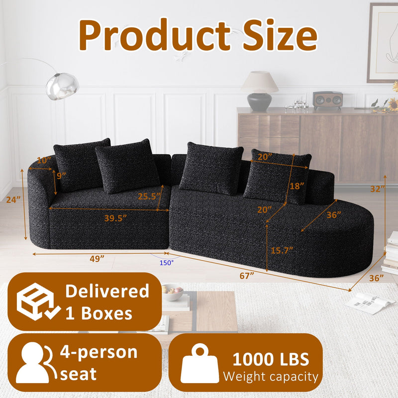 Upholstered Oversized Sectional Sofa, 4 Seater Extra Deep & Wide Curved Cloud Couch With 4 Throw Pillows For Living Room - Black, photo 9 of 23