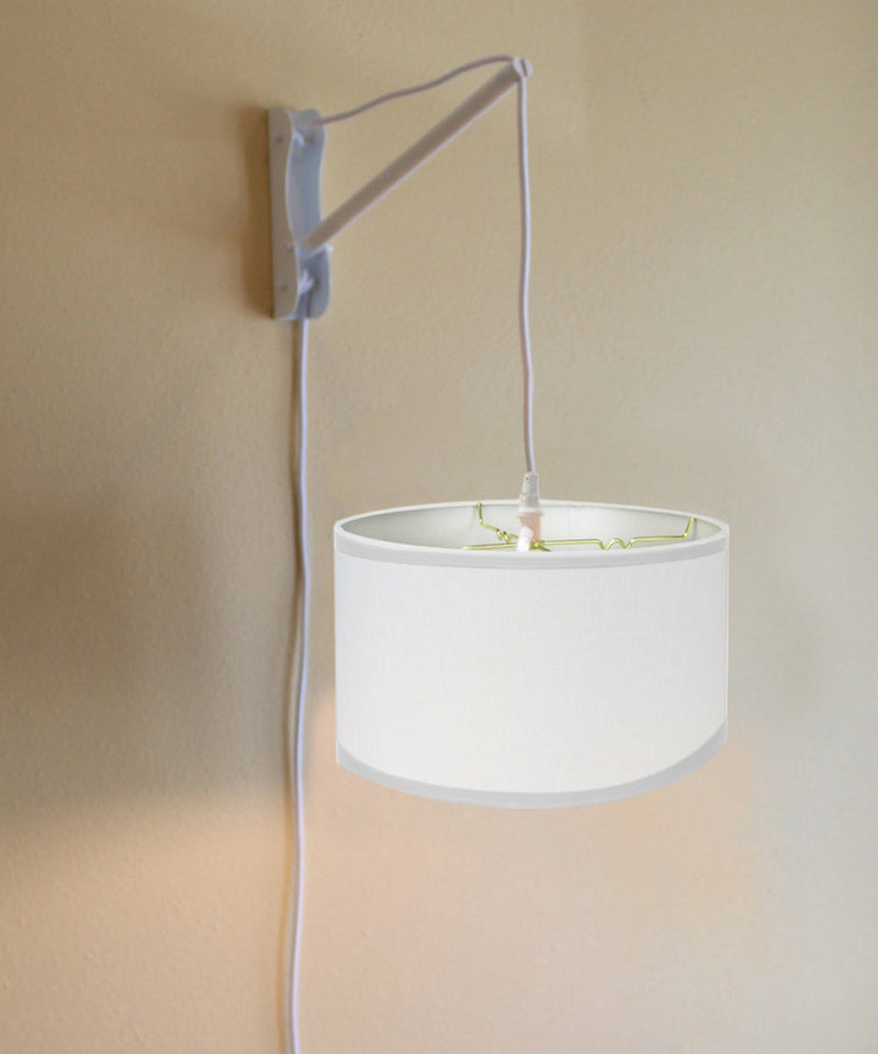 MAST Plug-In Wall Mount Pendant, 2 Light White Cord/Arm with Diffuser, White Linen Shade 18x18x10