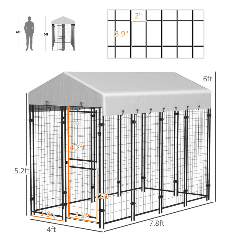 7.8' x 6' Dog Kennel Outdoor with Waterproof Cover, Dog Playpen for Extra Large Dogs with Two Part Door Design, Silver