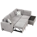 83.8" Reversible Sectional Pull-Out Sofa Bed L-Shaped Corner Sofa Couch with Storage Chaise, USB Ports, Power Sockets, Cup Holder for Living Room, Bedroom, Study,Light Gray