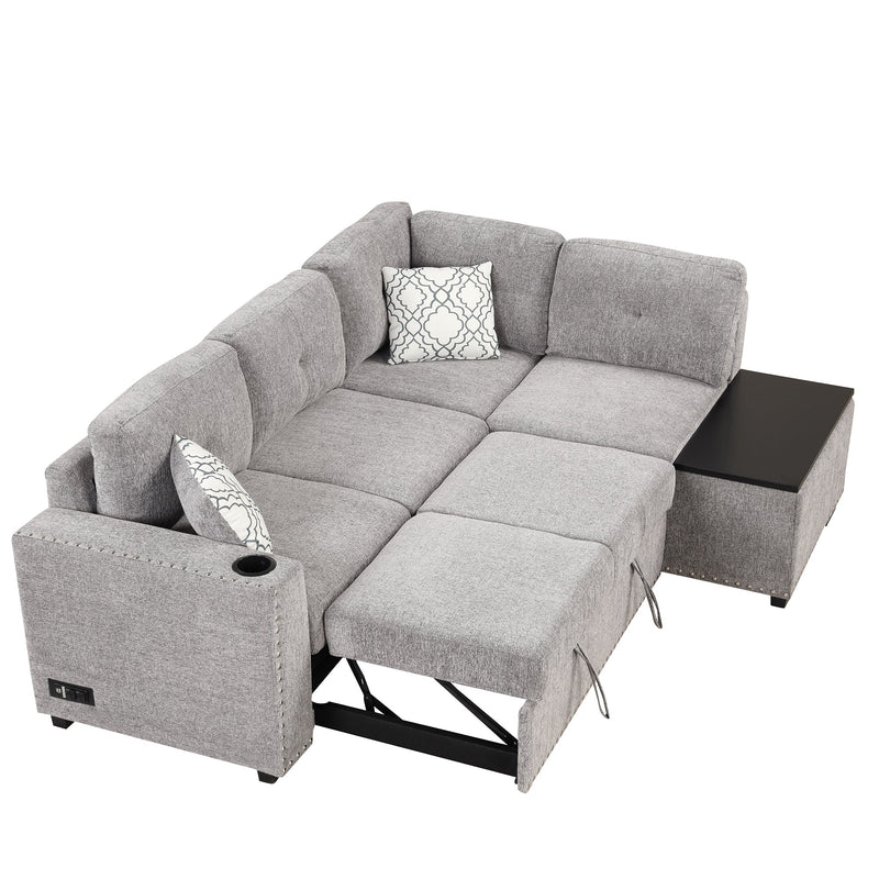 83.8" Reversible Sectional Pull-Out Sofa Bed L-Shaped Corner Sofa Couch with Storage Chaise, USB Ports, Power Sockets, Cup Holder for Living Room, Bedroom, Study,Light Gray