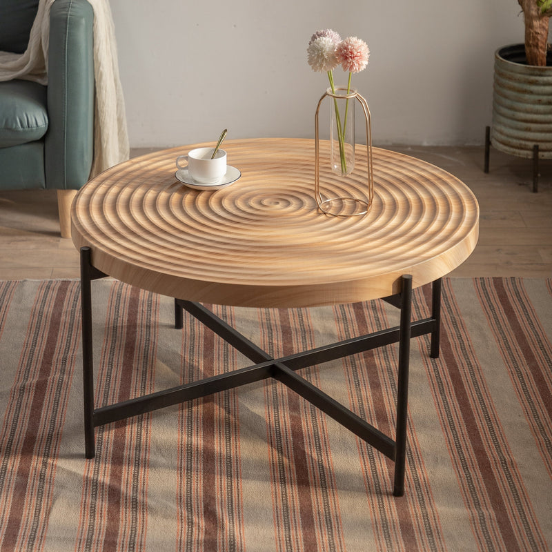 33" Modern Thread Design Round Coffee Table, MDF Table Top with Cross Legs Metal Base