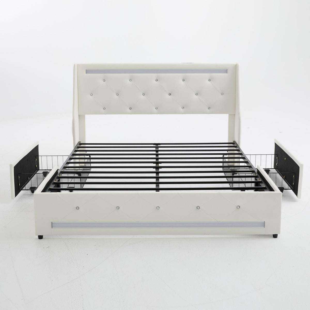 Wingback Upholstered Bed Frame With LED Lights, Charging Station, photo 22 of 40