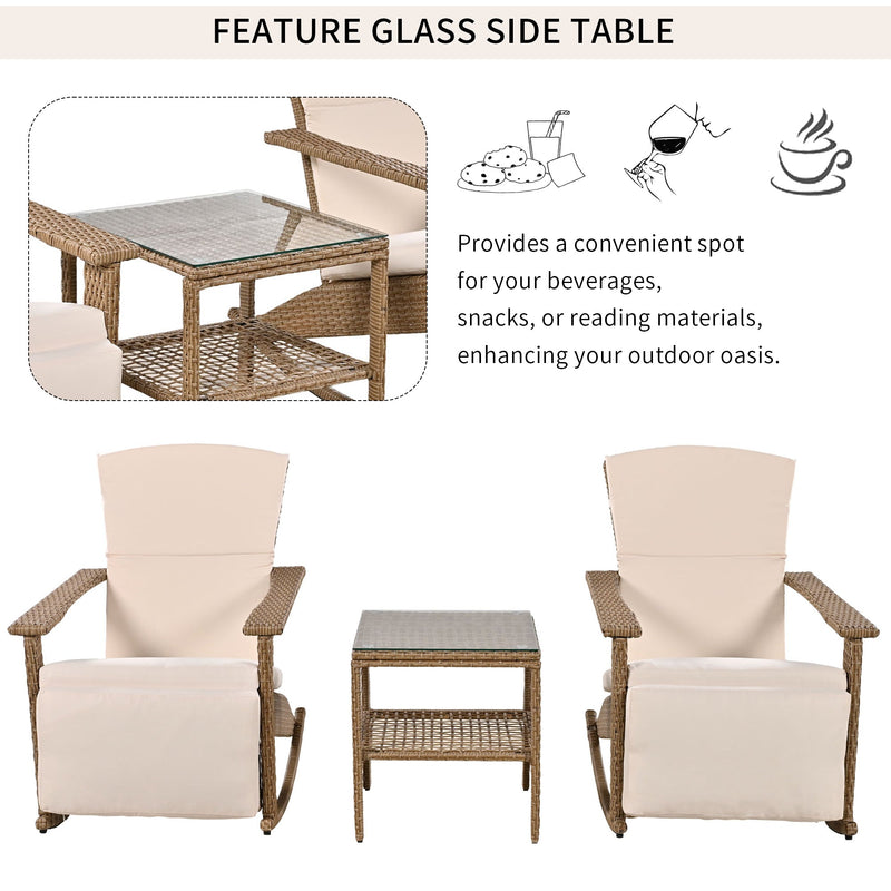 Adjustable Outdoor Wicker Double Rocking Chair with Coffee Table, Suitable for Backyard, Garden, Poolside.