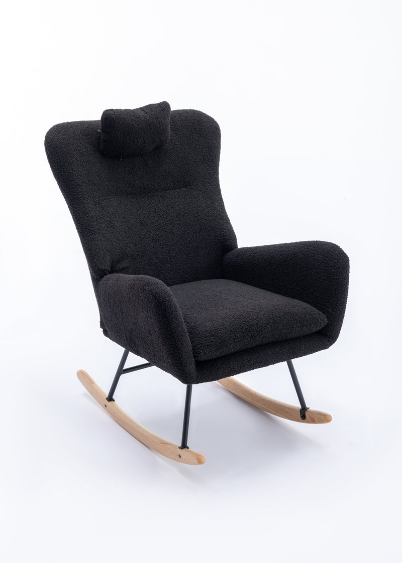 35.5 inch Rocking Chair, Soft Teddy Velvet Fabric Rocking Chair for Nursery, Comfy Wingback Glider Rocker with Safe Solid Wood Base for Living Room Bedroom Balcony (dark grey)