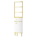 74.8" Tall Modern Corner Bookshelf,Fan-Shaped bookcase with 1 Drawer and 2 Doors, Wooden Standing Corner Shelf with Gold Metal Frame for Living Room,Home Office,White