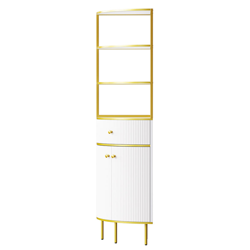 74.8" Tall Modern Corner Bookshelf,Fan-Shaped bookcase with 1 Drawer and 2 Doors, Wooden Standing Corner Shelf with Gold Metal Frame for Living Room,Home Office,White