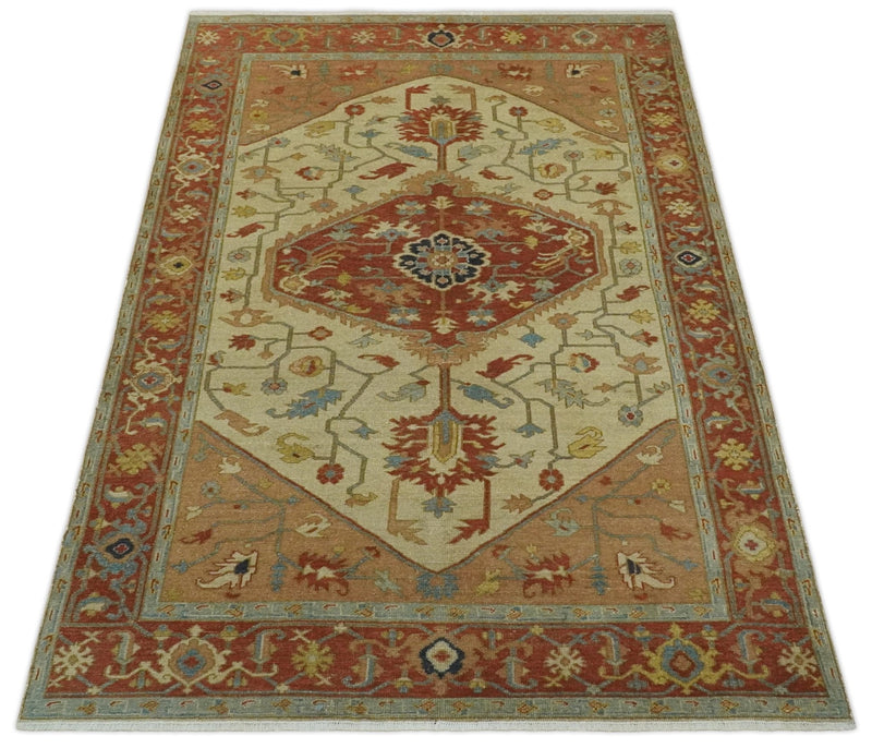 5.4x8 Hand Knotted Rust, Beige and Peach Traditional Turkish Knot Heriz wool area Rug