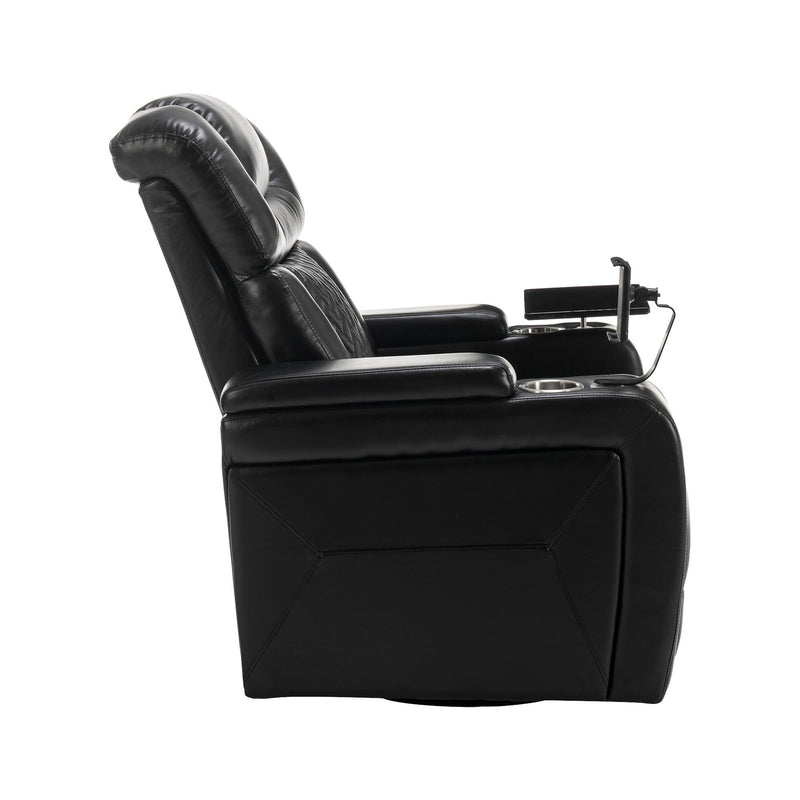 270 Degree Swivel PU Leather Power Recliner Individual Seat Home Theater Recliner with Comforable Backrest, Tray Table, Phone Holder, Cup Holder, USB Port, Hidden Arm Storage for Living Room, Black