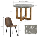A modern and practical circular dining table. Made of MDF tabletop and wooden MDF table legs. A set of 4 brown cushioned chairs.