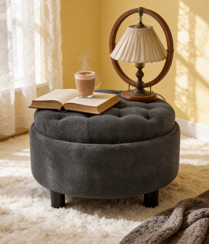 25 Inch Round Storage Ottoman with Tray, photo 2 of 10