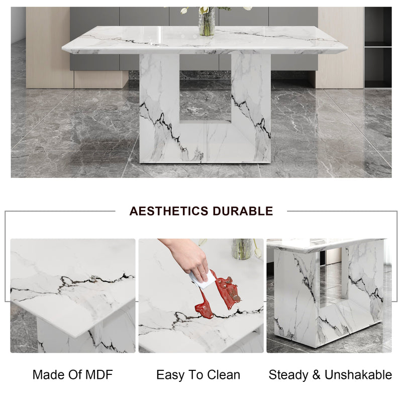 A simple dining table. A dining table with a white marble pattern. 4 PU synthetic leather high backrest cushioned side chairs with C-shaped silver metal legs. DT-SQ-16090-wh