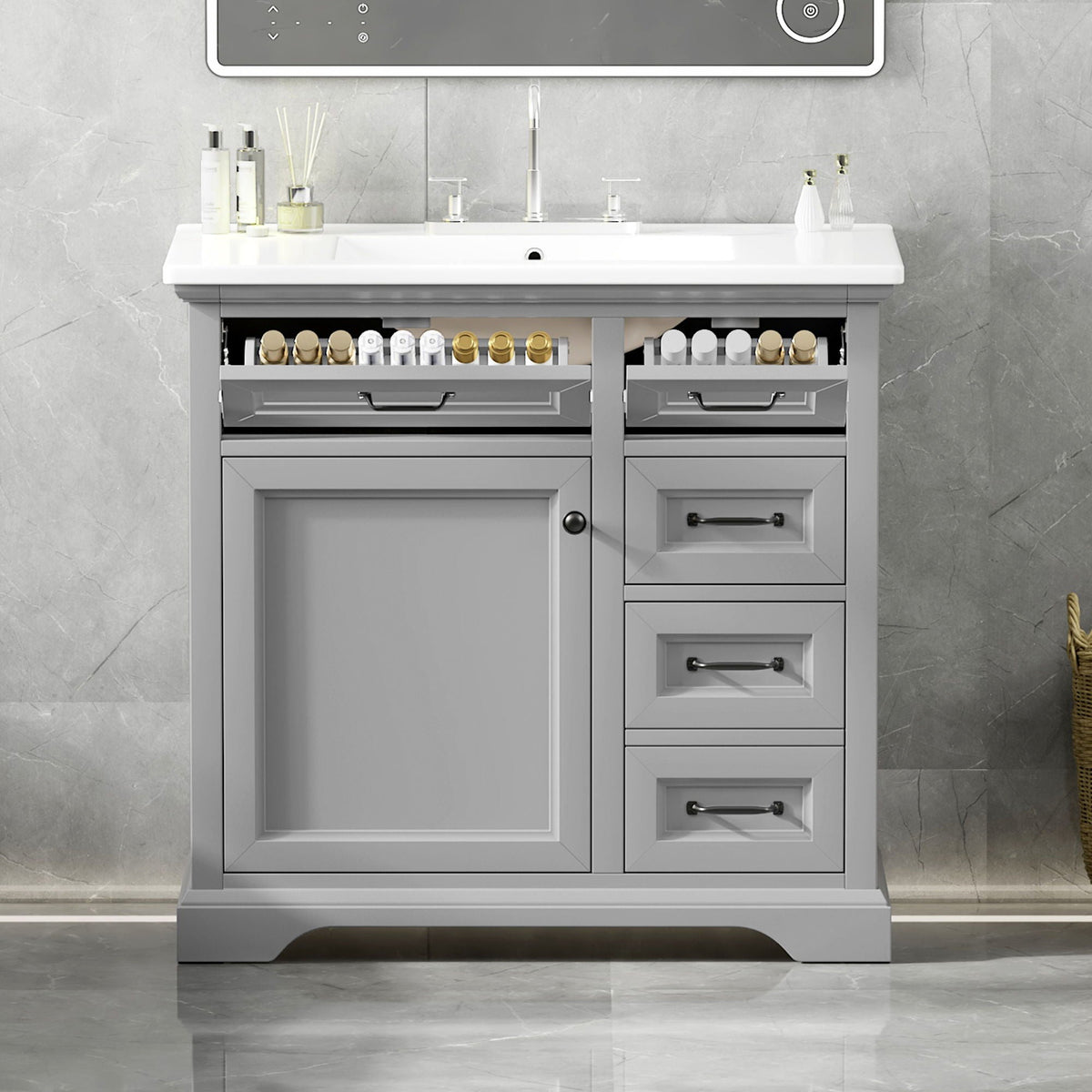 36" Bathroom Vanity With Sink, 2 Tip-Out Drawers, Soft Close Hinges, photo 12 of 40