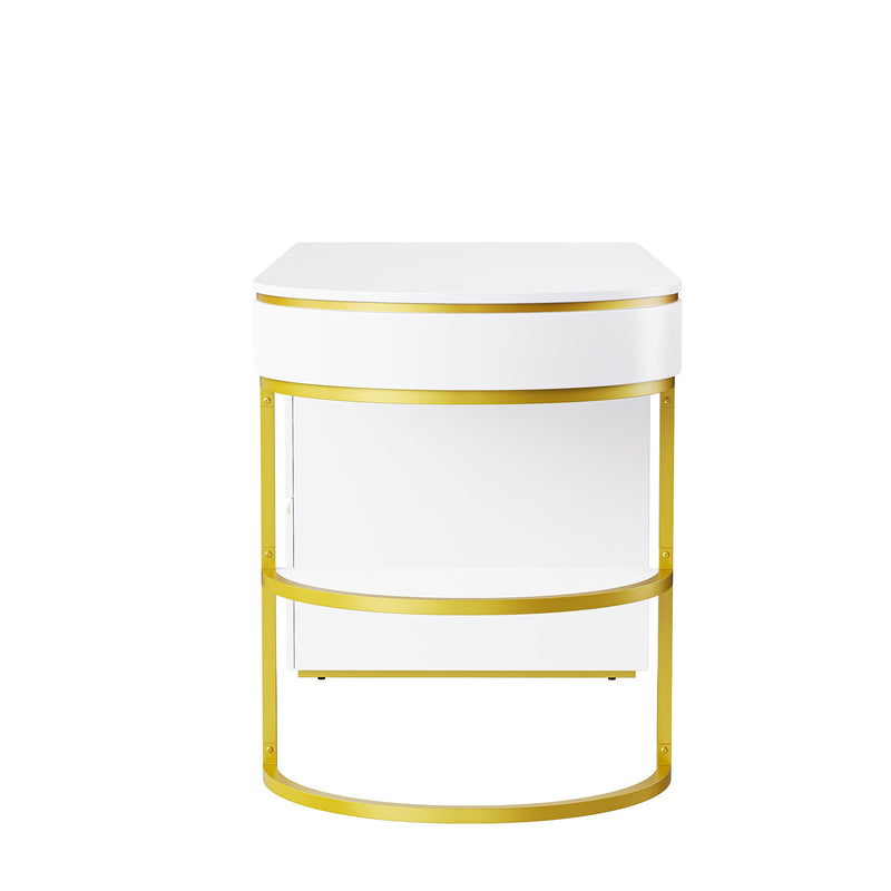 60"Modern Executive Desk,White Curved Computer Desk with Gold Metal Legs,3-Drawers Home Office Desk,Writing Desk with 1 Storage Cabinet for Home Office,Living Room,Gold+White