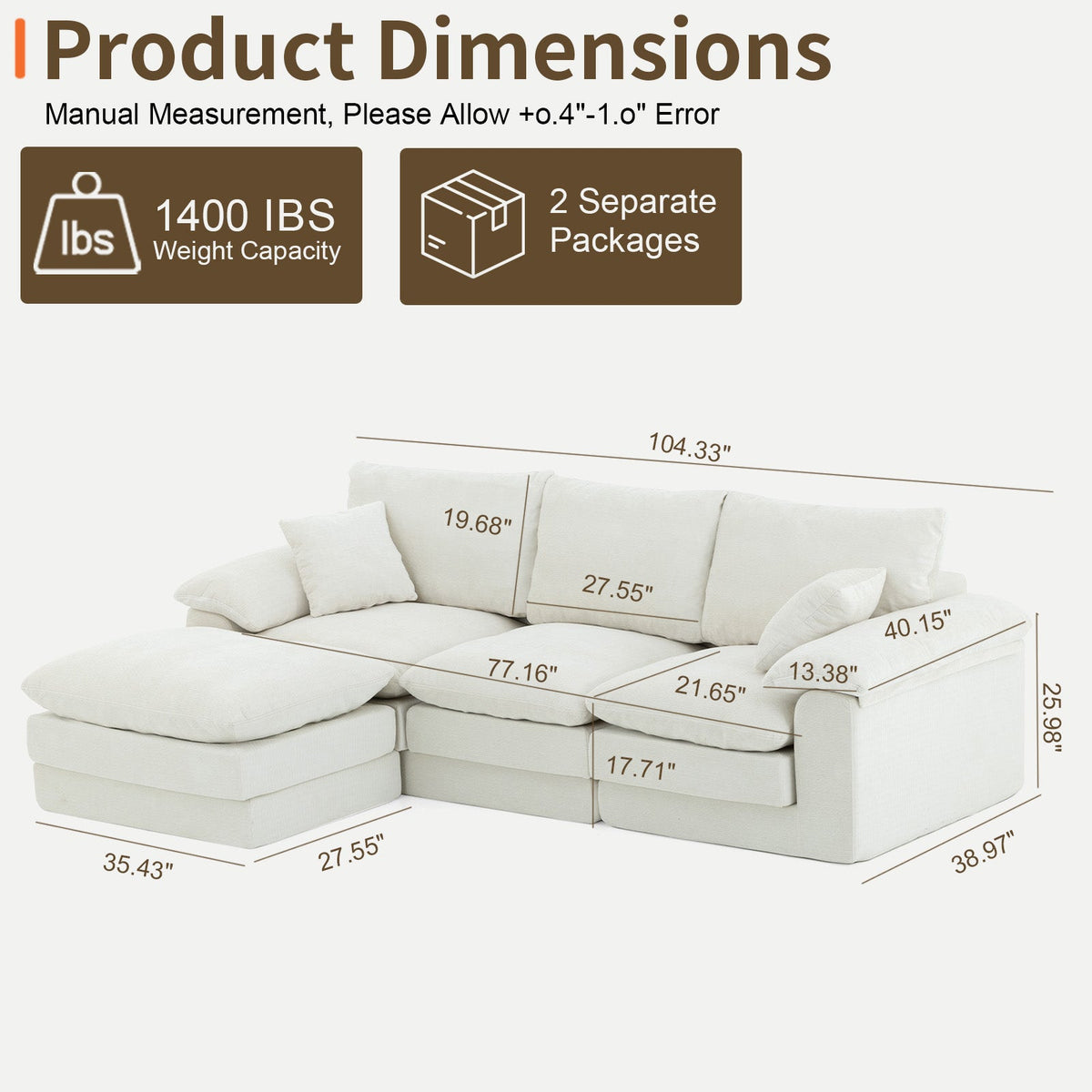 Modular U-Shape Sectional Sofa with Movable Ottoman, Chenille, Beige, photo 9 of 10