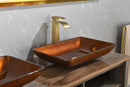 22.5" L -L -14.5" W -4 1/2 in. Handmade Glass Rectangle Vessel Bathroom Sink Set in Rich Chocolate Brown Finish with gold Faucet and gold Pop Up Drain