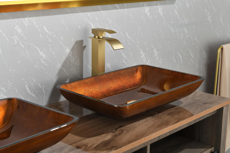 22.5" L -L -14.5" W -4 1/2 in. Handmade Glass Rectangle Vessel Bathroom Sink Set in Rich Chocolate Brown Finish with gold Faucet and gold Pop Up Drain