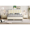 Queen Size Upholstered Platform Bed with 2 Drawers and 1 Trundle, Classic Metal Strip Headboard Design, Beige