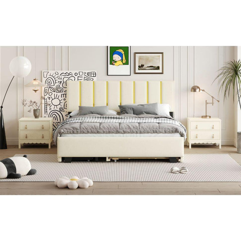 Queen Size Upholstered Platform Bed with 2 Drawers and 1 Trundle, Classic Metal Strip Headboard Design, Beige