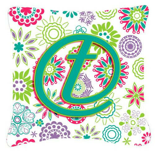 Letter T Flowers Pink Teal Green Initial Canvas Fabric Decorative Pillow CJ2011-TPW1414