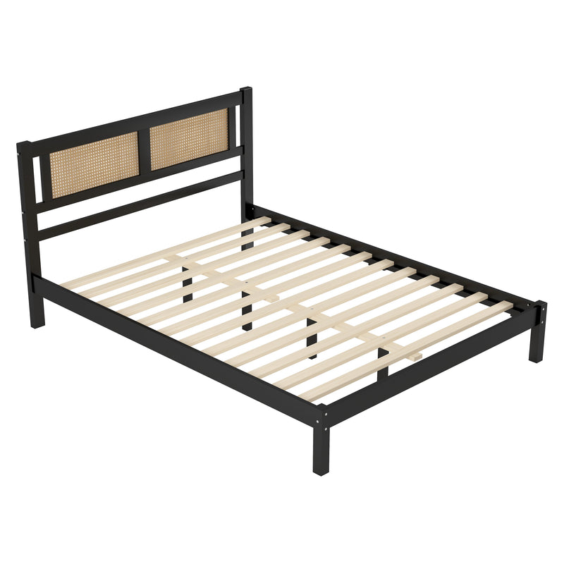 3-Pieces Bedroom Sets Queen Size Wooden Platform Bed with Natural Rattan Headboard, Nightstands Set of 2 with Rattan-Woven Surfaces and Three Drawers for Bedroom, Black