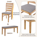 6-Piece Retro 59"L Rectangular Dining Table Set, Table with Unique Legs and 4 Upholstered Chairs & 1 Bench for Dining Room and Kitchen (Natural Wood Wash)