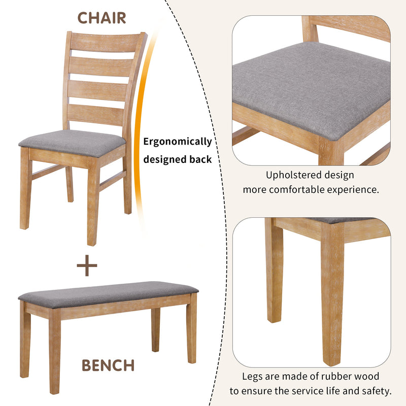 6-Piece Retro 59"L Rectangular Dining Table Set, Table with Unique Legs and 4 Upholstered Chairs & 1 Bench for Dining Room and Kitchen (Natural Wood Wash)