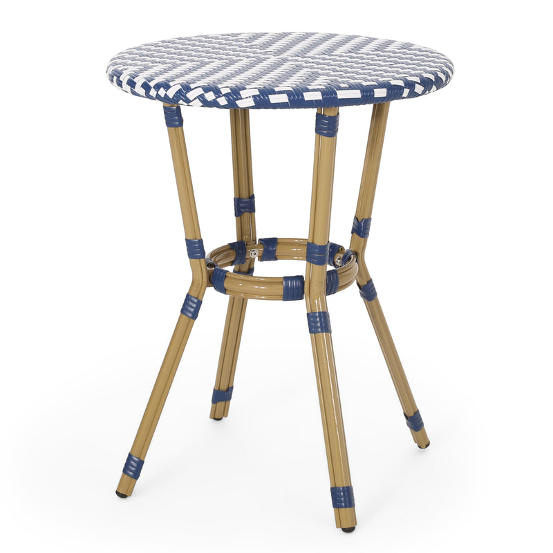 Walker Edison - Outdoor Aluminum 3 Piece French Bistro Set, Navy Blue, White, with Bamboo Finish