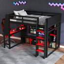 Gaming Loft Bed With Desk, Multi Storage Shelves, LED Lighting, And Hanging Clothes Rack by Unique Piece Furniture
