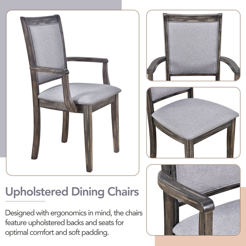 7-Piece Updated 76.9inch Extendable Trestle Dining Table Set with Removable Leaf, Kitchen Table Set with Upholstered Side Chair and Arm Chair, Set of 6, Grey