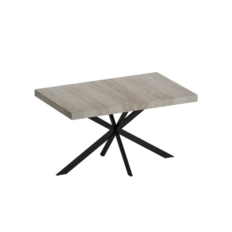 55.11" -70.86"Retro Rectangular Stretch Dining Table, Grey Carole Top With Black Embossed Center Plate, Black Fine Sand Cross Iron Foot Base Dining Table, With Storage Box.